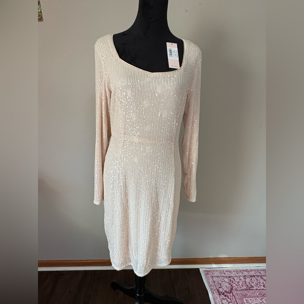 Nanette Lepore Champagne Sequin Long Sleeve Midi Sheath Dress.